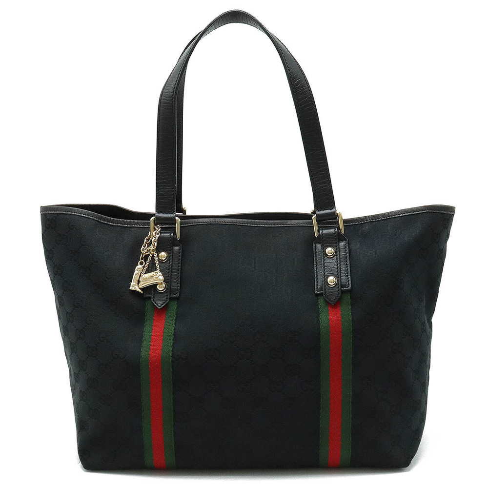 Gucci GG Canvas Sherry Tote Bag Shoulder Black Red Green Charm